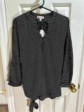 NWT Neiman Marcus Black &‎ White Polka Dot Long Sleeve Blouse Large